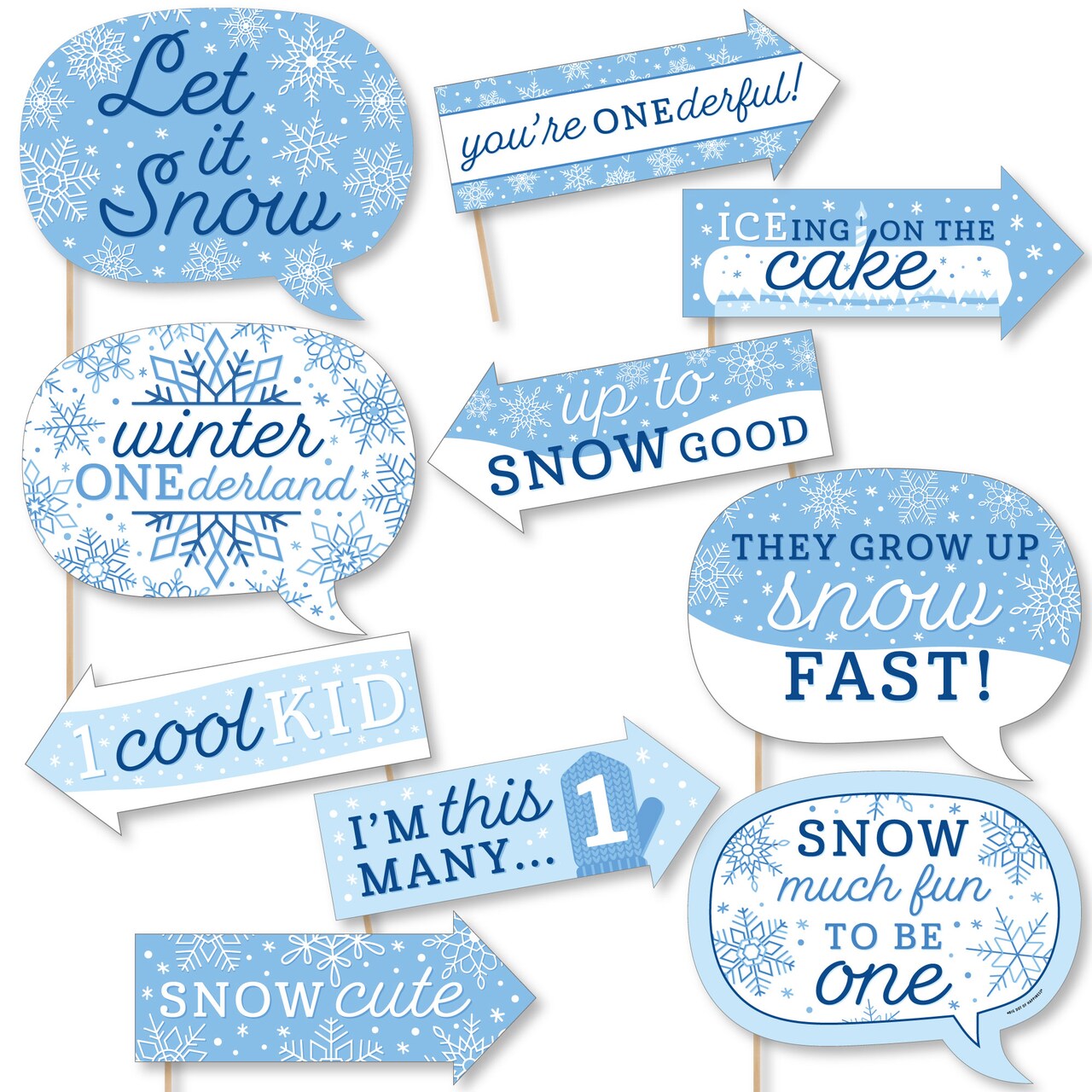 Big Dot of Happiness Funny Blue Snowflakes 1st Birthday - Boy Winter ONEderland Party Photo Booth Props Kit - 10 Piece